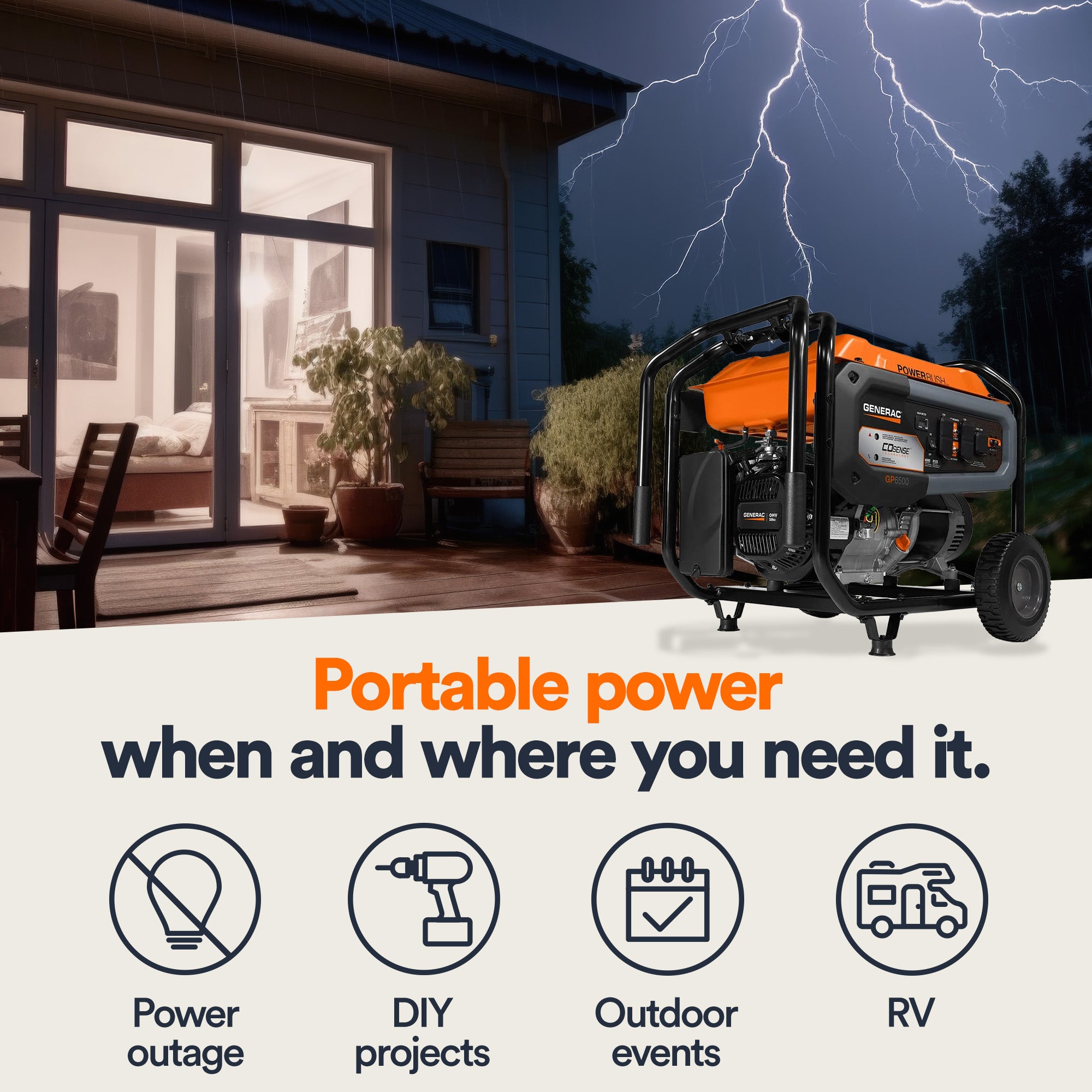 Generac Portable Generator, 6500 | Pull Start with Cord
