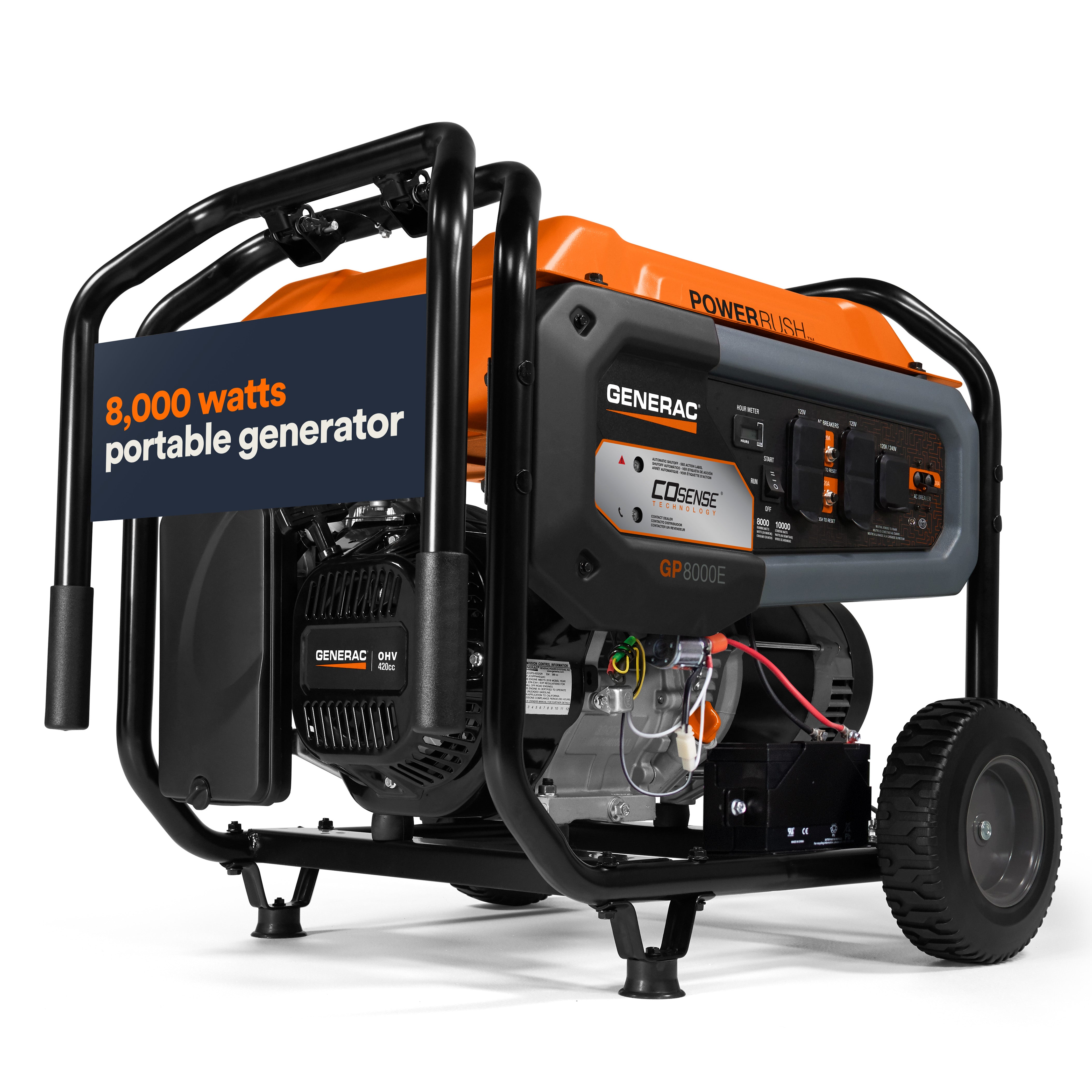 Generac Portable Generator, 8000W | Electric Start