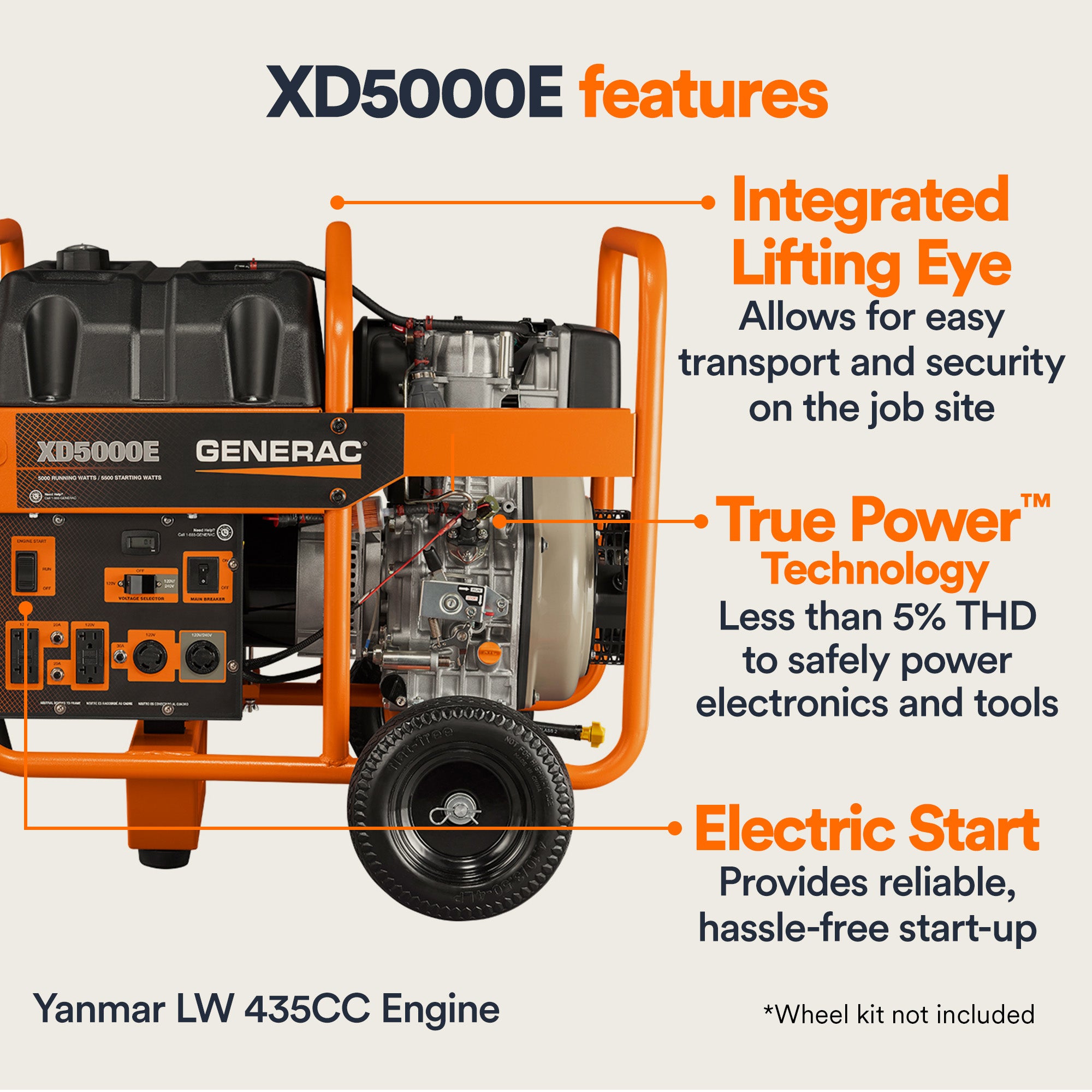Generac Portable Generator, 5000W | Diesel